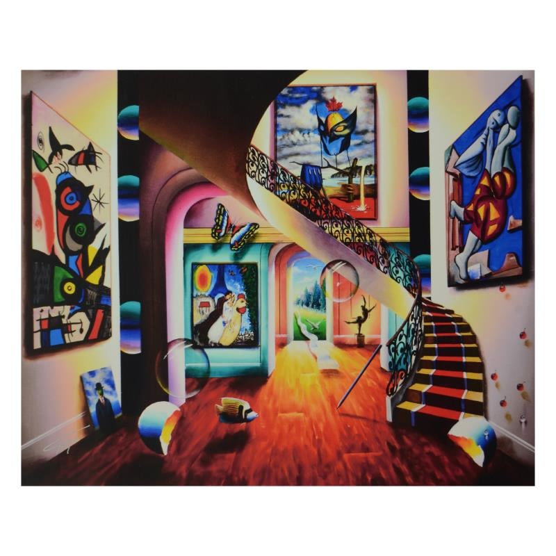 Surreal Room with Masked Dali by Ferjo: "Surreal Room with Masked Dali" is a limited edition giclee on canvas, bearing Ferjo's authorized signature. Includes Letter of Authenticity. Measures approx. 20" x 16" (image). This item requires spe
