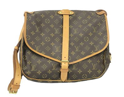 Louis Vuitton Brown Monogram Canvas Leather Saumur 35 cm Crossbody Bag: One Louis Vuitton Brown Monogram Canvas Leather Saumur 35 cm Crossbody Bag. Item is sold AS-IS. All available information is listed in the description and shown in the photo. Brown and tan monogram co