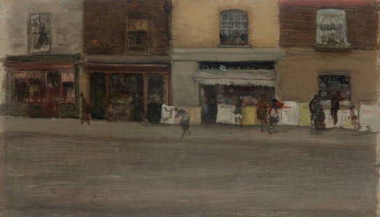 Whistler - Chelsea Shops: Artist: James Abbott McNeill Whistler - Title: Chelsea Shops - Medium: Fine Art Giclee on Canvas - Image Size: Approximately 11.5 inches x 20 inches - Framed: Unframed on Unstretched Canvas - Biograph