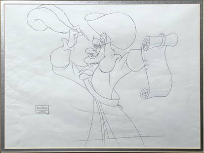 Captain Hook Return to Neverland by Disney: Captain Hook Return to Neverland by Disney. Original One-of-a-Kind Unsigned Pencil Drawing Framed. Fair Condition, Frame Poor Condition. Dimensions: 11 x 15. As Is.