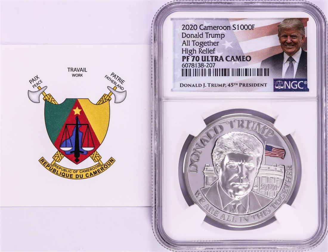 2020 Cameroon S1000F Donald Trump All Together High Relief PF 70 Ultra Cameo 1oz: One 2020 Cameroon S1000F Donald Trump All Together High Relief PF 70 Ultra Cameo 1oz Silver .999 Coin.