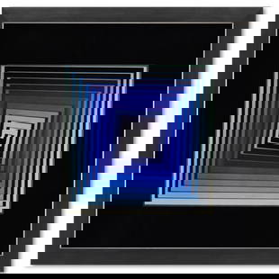 Vonal - Lila de la serie Vonal by Vasarely (1908-1997): "Vonal - Lila de la serie Vonal" is a heliogravure print on paper, published in 1971, by Victor Vasarely (1908-1997). This piece comes custom framed, with a letter of authenticity and with a 1976 Vasa