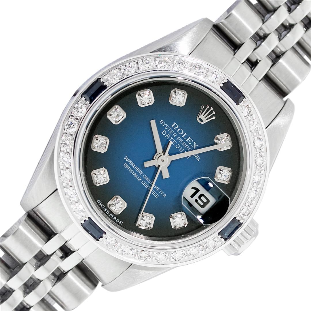 Rolex Ladies Quickset Blue Diamond & Sapphire Datejust Wristwatch 26MM: One Ladies Pre Owned Quickset Stainless Steel Rolex Datejust Polished Bright with Satin Finish, Serviced & Electronically Tested, Stainless Steel Case: 26mm, Rolex Stainless Steel Crown, Custom Bezel: