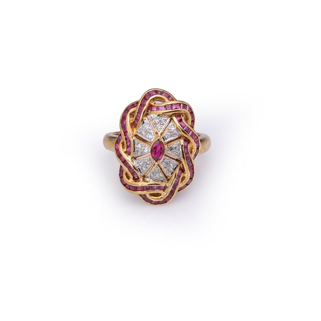 Heavy 18k Yellow Gold Ruby & Diamond Art Deco Style Ring: Heavy 18k yellow gold Art Deco style ring; the central ruby surrounded with eight panels of pave diamonds and two rows of overlapping invisible set rubies, marked 750 25359 to interior band; gross wei