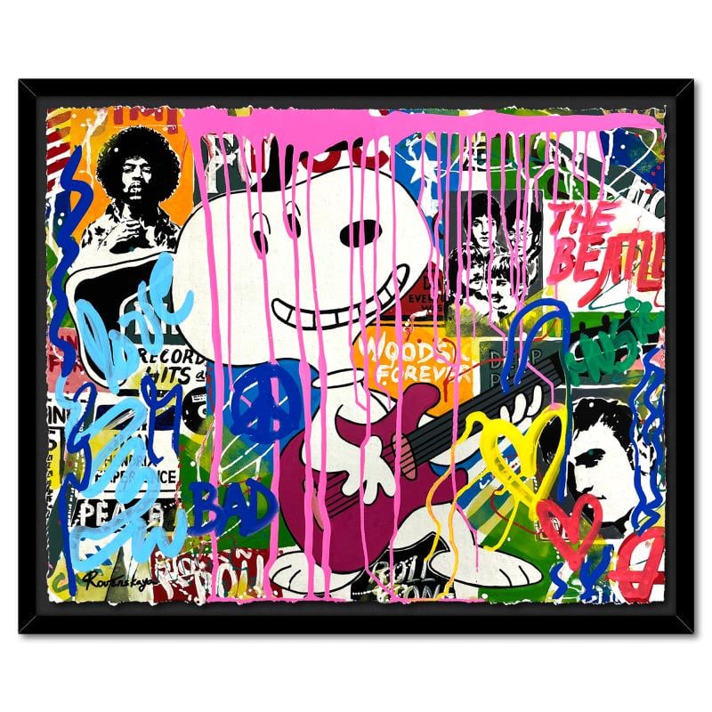 Playing Guitar by Rovenskaya Original: "Playing Guitar" is a one-of-a-kind mixed media on deckle edge paper by Nastya Rovenskaya; hand signed by the artist. This piece comes custom framed and includes letter of authenticity. Measures appro