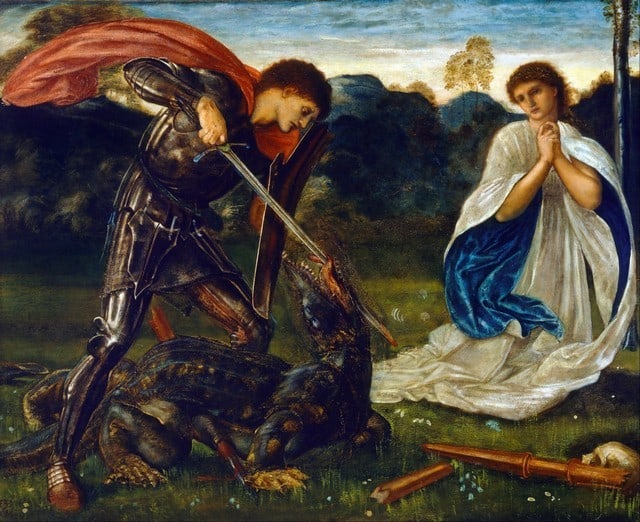 Edward Burne-Jones - St George Kills the Dragon VI: Artist: Edward Burne-Jones - Title: St George Kills the Dragon VI - Medium: Fine Art Reproduction Giclee on Canvas - Image Size: Approximately 16.25 inches x 20 inches - Unframed on Unstretched Canvas