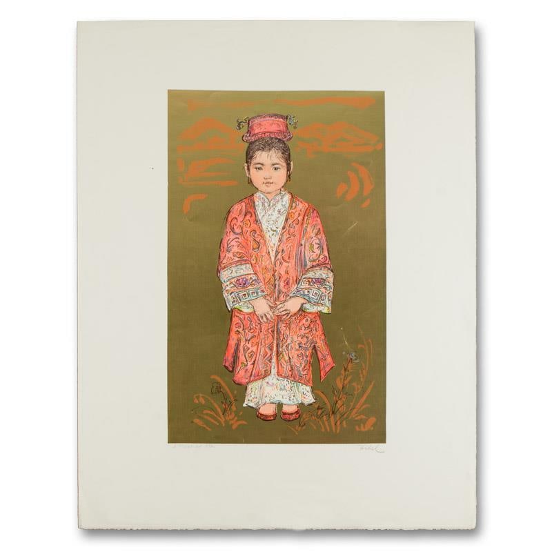 Sun Ming Tsai of Beijing by Hibel (1917-2014): "Sun Ming Tsai of Beijing" is a limited edition lithograph on paper by Edna Hibel (1917-2014), numbered and Hand Signed by the artist. Includes Letter of Authenticity. Measures approx. 19.5" x 25.5" (