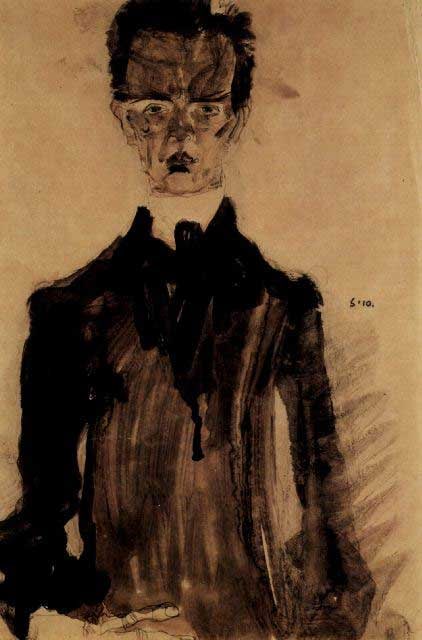 Egon Schiele - Self-Portrait In A Black Robe: Artist: Egon Schiele - Title: Self-Portrait In A Black Robe - Medium: Fine Art Reproduction Giclee on Canvas - Image Size: Approximately 20 inches x 13 inches - Unframed on Unstretched Canvas - Biogra