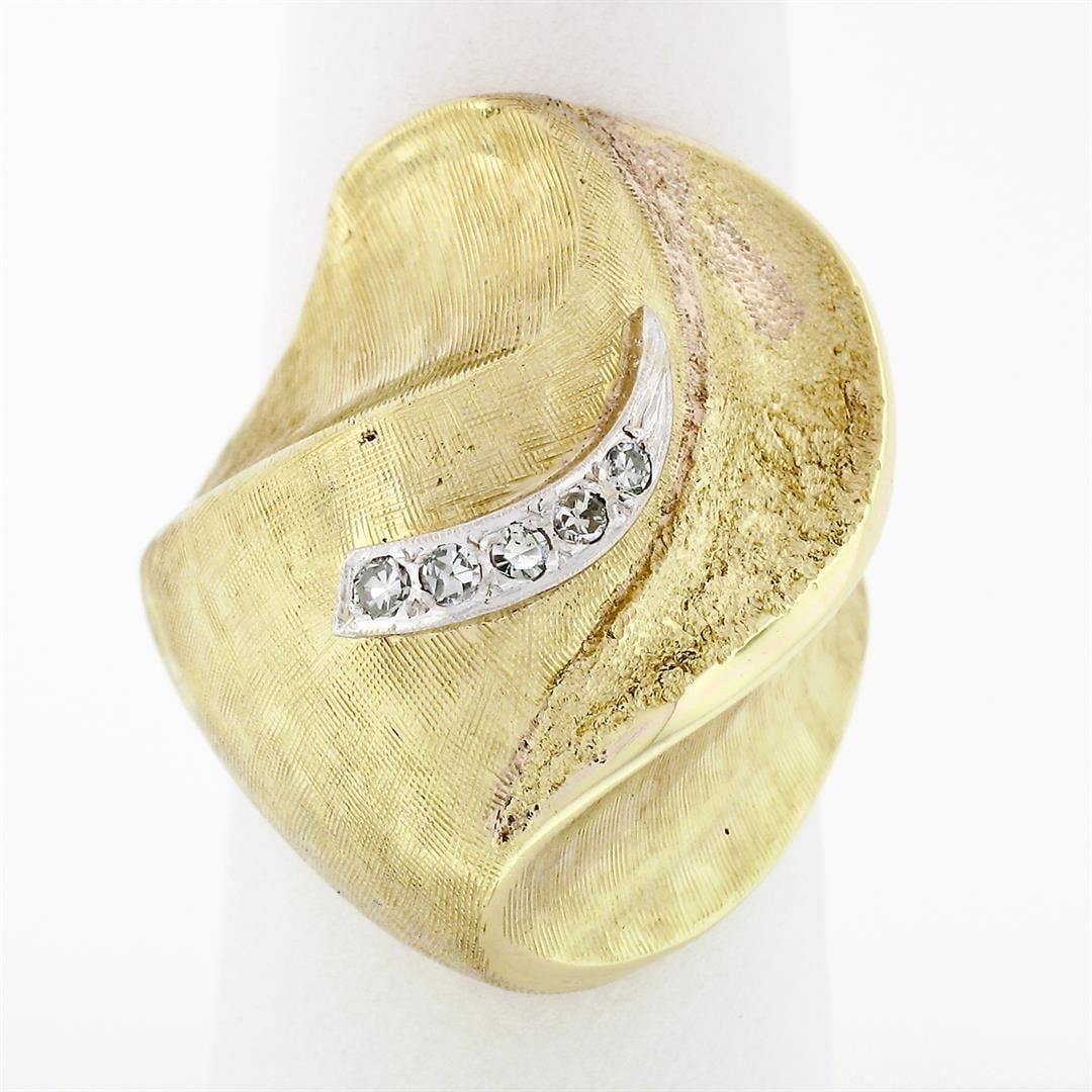 Vintage 14k Yellow Gold Heavy Bombe Florentine Diamond Cocktail Statement Ring: A solid 14k yellow gold Florentine finish ring, with 5 single cut natural diamonds (F - VS1 ; 0.10ctw). The ring is size 7.5, weighs a total of 17.40 grams, and measures 26.7mm wide.