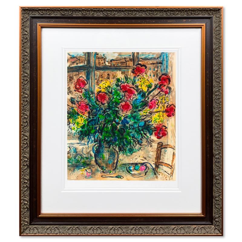 Le Bouquet Devant La Fenetre by Chagall (1887-1985): "Le Bouquet Devant La Fenetre" is a framed limited edition lithograph on paper by Marc Chagall (1887-1985). Printed by Atelier Tete a Tete in Paris and authorized by the Chagall Estate and ADAGP Paris