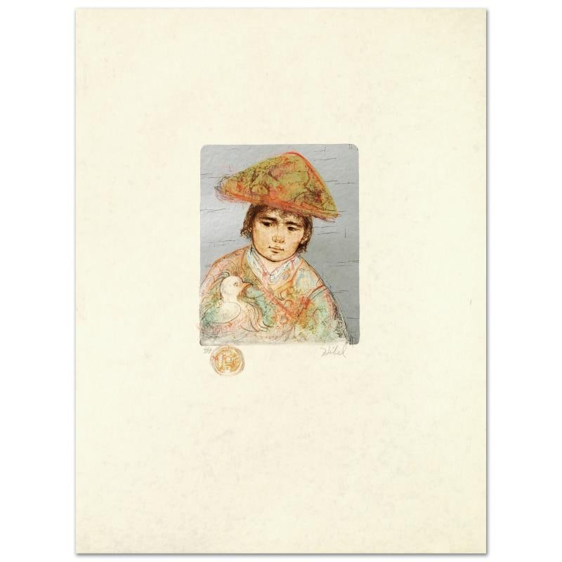 Boy with Chicken by Hibel (1917-2014): "Boy with Chicken" is a limited edition lithograph on rice paper, numbered and hand signed by Edna Hibel (1917-2014). Includes Certificate of Authenticity! Measures approx. 20" x 27" (with border), 8"
