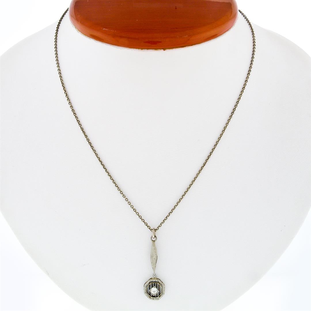 Antique Art Deco 14k Gold Diamond Drop Pendant Necklace w/ Original 17.5" Chain: An art deco period solid 14k white and yellow gold drop pendant with 1 old European cut natural diamond (I - VS2; 0.15ct). 17.5 inch fine cable link chain, 3.14 grams total weight, pendant measures 32