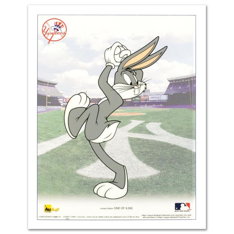 Bugs Bunny Pitching with the Yankees by Looney Tunes: Familiar characters, vibrant colors, and careful details make this sericel one for both serious collectors and casual fans. "Bugs Bunny Pitching with the Yankees" is a limited edition sericel by Loone