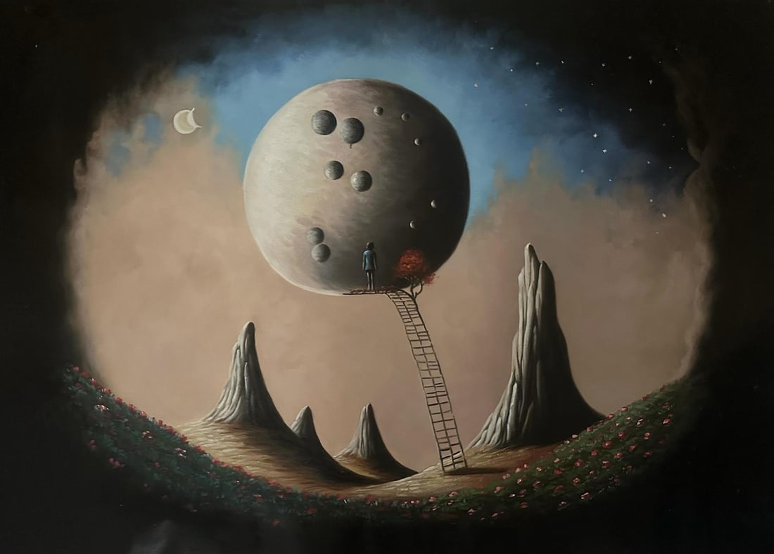 STAIRS TO THE MOON original by MANI: A stunning Surreal painting by the emerging young artist Mani. 20"x30" original on canvas, with COA
