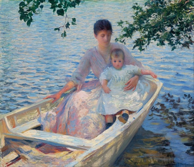 Tarbell - Mother and Child in a Boat: Artist: Edmund C. Tarbell - Title: Mother and Child in a Boat - Medium: Fine Art Giclee on Canvas - Image Size: Approximately 17 inches x 20 inches - Framed: Unframed on Unstretched Edmund Charles Tar