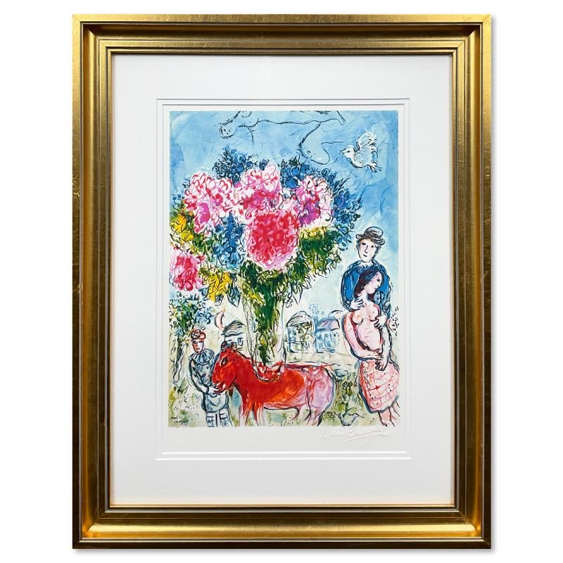 Personnages Fantastiques by Chagall (1887-1985): "Personnages Fantastiques" is a framed limited edition lithograph on paper by Marc Chagall (1887-1985) authorized by the Chagall Estate and ADAGP Paris. The piece is plate signed and comes with a cert