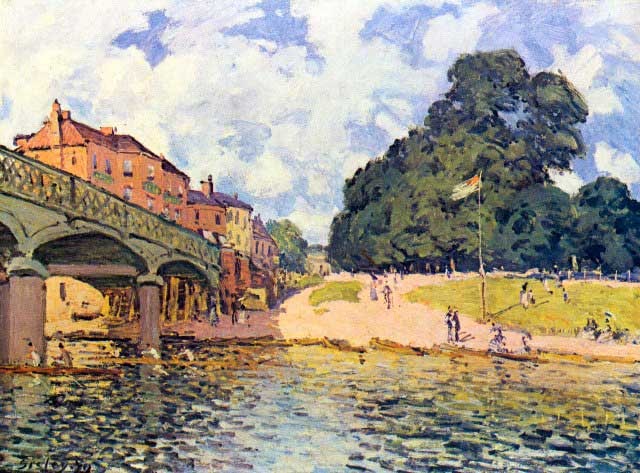 Alfred Sisley - Bridge on Hampton Court: Artist: Alfred Sisley - Title: Bridge on Hampton Court - Medium: Fine Art Reproduction Giclee on Canvas - Image Size: Approximately 14.25 inches x 20 inches - Unframed on Unstretched Canvas - Biograph
