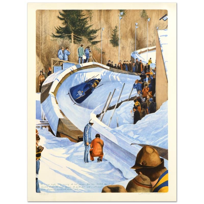 4-Man Bobsled - 1976 by Nelson, William: "4-Man Bobsled - 1976" is a limited edition lithograph on paper by William Nelson, numbered and hand signed by the artist! Measures approx. 21" x 28.5" (with border); 18.5" x 26.5" (image).
