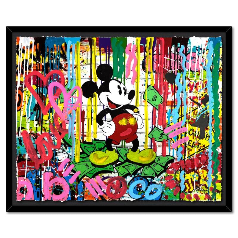 Mr. Dollar Bill by Rovenskaya Original: "Mr. Dollar Bill" is a one-of-a-kind mixed media on deckle edge paper by Nastya Rovenskaya; hand signed by the artist. This piece comes custom framed and includes letter of authenticity. Measures appr