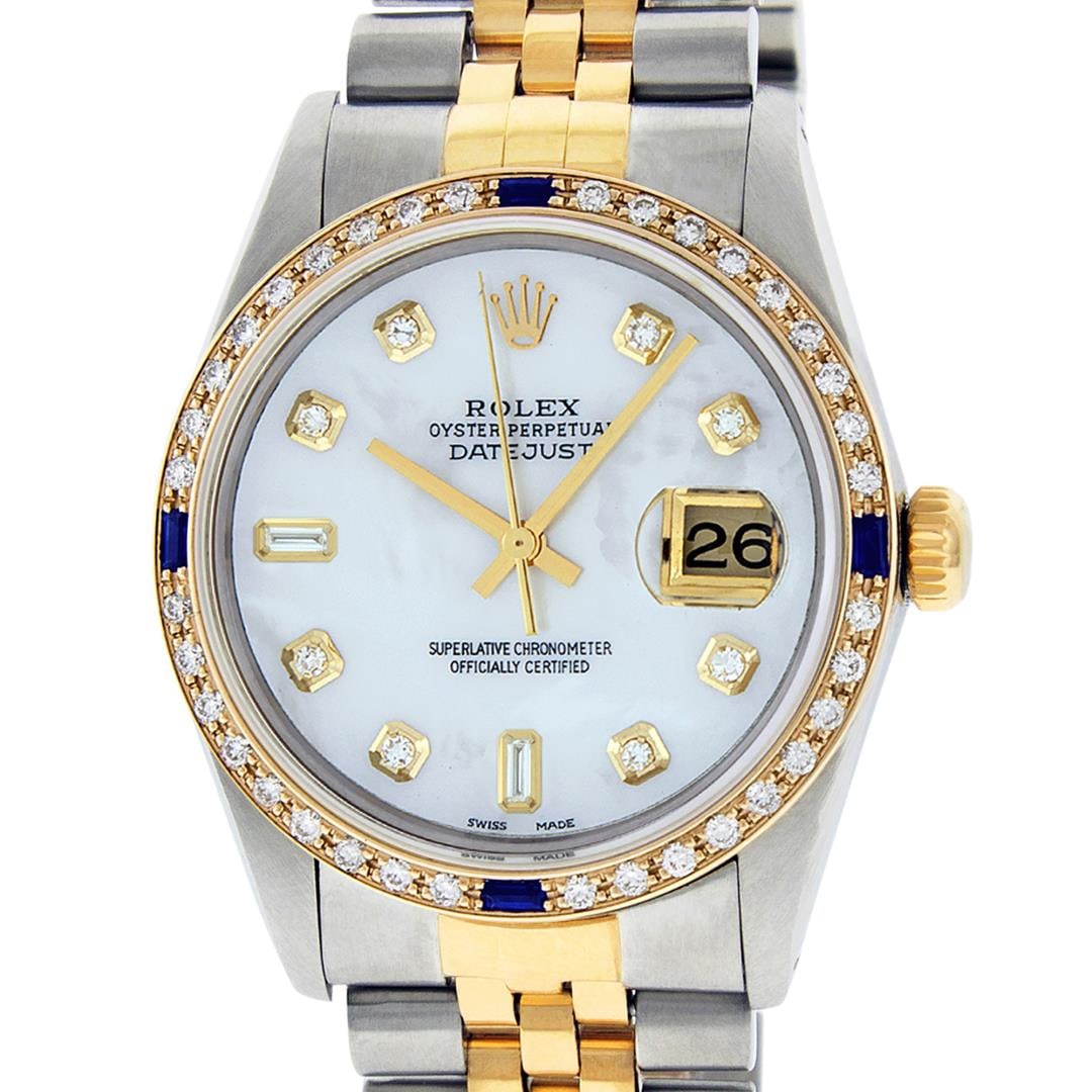 Rolex Mens Two Tone And Stainless Steel White Diamond And Sapphire Datejust Wris: One Mens Pre Owned Two Tone Yellow Gold And Stainless Steel Rolex Datejust Polished, Serviced And Electronically Tested, Rolex Case: Yellow Gold And Stainless Steel Case: 36mm, Yellow Gold Crown, Cust