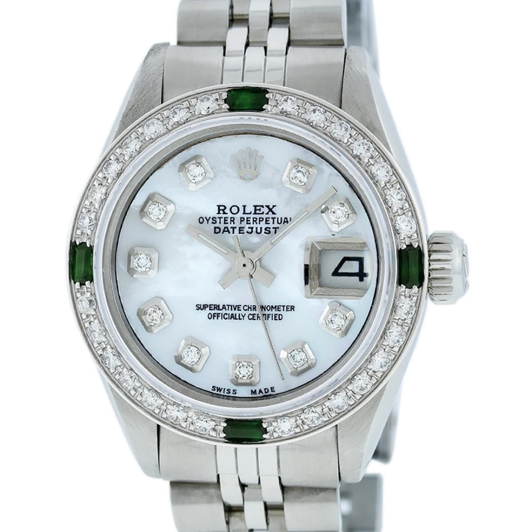 Rolex Ladies Quickset Stainless Steel White Diamond And Emerald 26MM Datejust Wr: One Ladies Pre Owned Quickset Stainless Steel Rolex Datejust Polished Bright with Satin Finish, Serviced And Electronically Tested, Stainless Steel Case: 26mm, Stainless Steel Crown, Custom Bezel: New