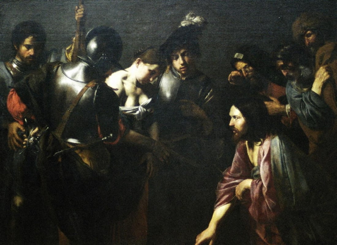 Valentin de Boulogne - Christ and the adulteress: Artist: Valentin de Boulogne - Title: Christ and the Adulteress - Medium: Fine Art Giclee on Canvas - Image Size: Approximately 32 inches x 23.25 inches - Unframed on Unstretched Canvas - Biography: V