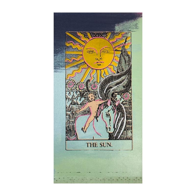Tarot, The Sun by Steve Kaufman (1960-2010): "Tarot, The Sun" is a limited edition hand pulled silkscreen mixed media on canvas by Andy Warhol protege Steve Kaufman (1960-2010). This piece is numbered and 10/50 and hand signed inverso. Includes