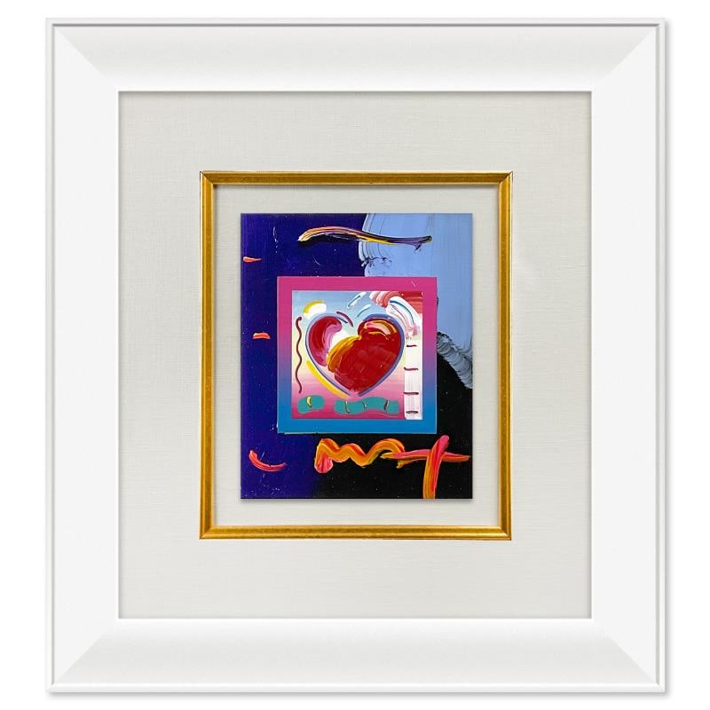Heart on Blends by Peter Max: "Heart on Blends" is a one-of-a-kind acrylic mixed media on paper, hand signed by Peter Max. The piece comes custom framed with a backside cutout to display Peter Max Studio registration number 299018