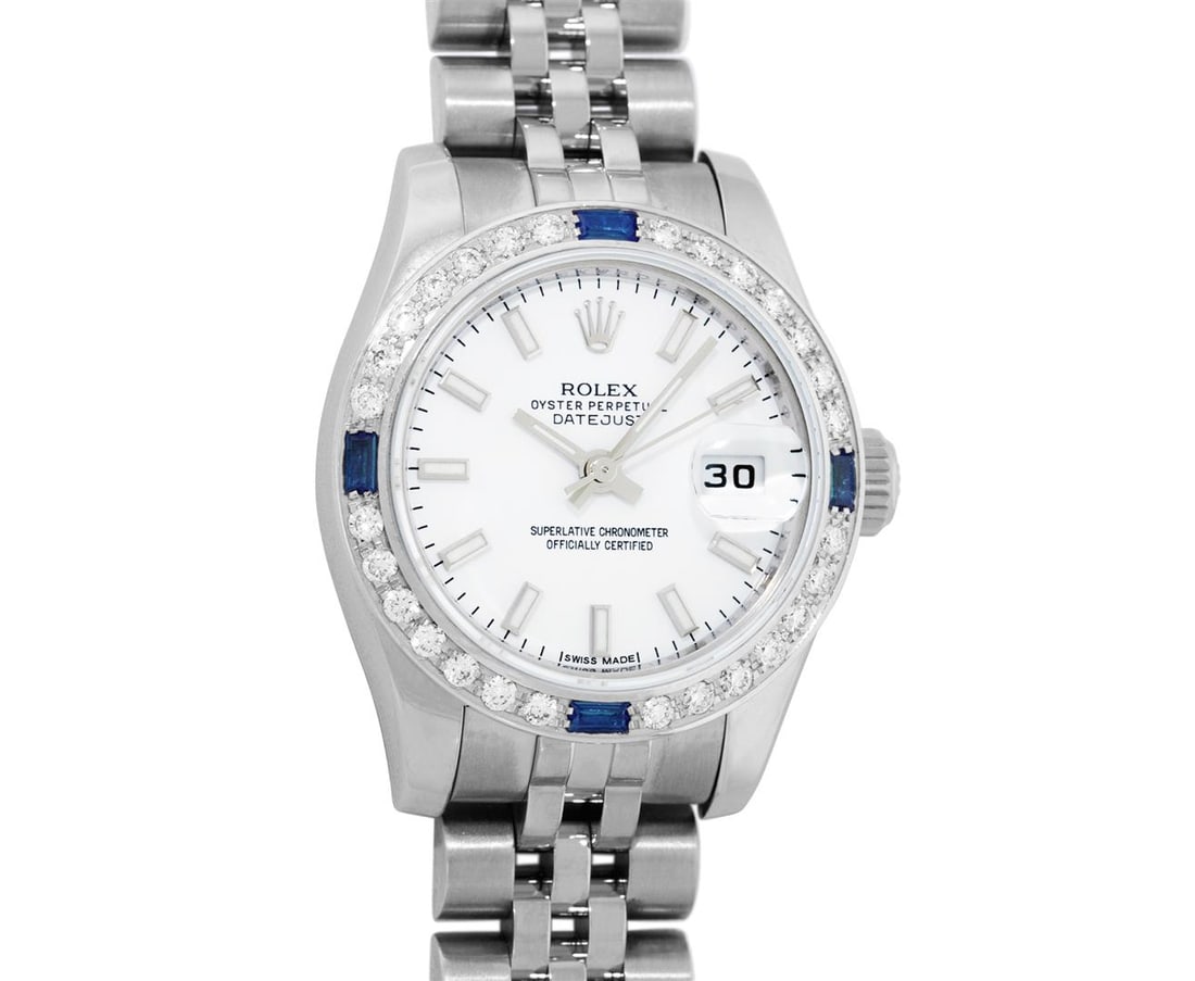 Rolex Ladies New Style Sapphire Quickset White Index White Gold Sapphire Diamond: One New Style Ladies Rolex Pre Owned Quickset Stainless Steel Datejust Polished Bright with Satin Finish, Serviced & Electronically Tested, Rolex Stainless Steel Case: 26mm. Rolex Stainless Steel Crow
