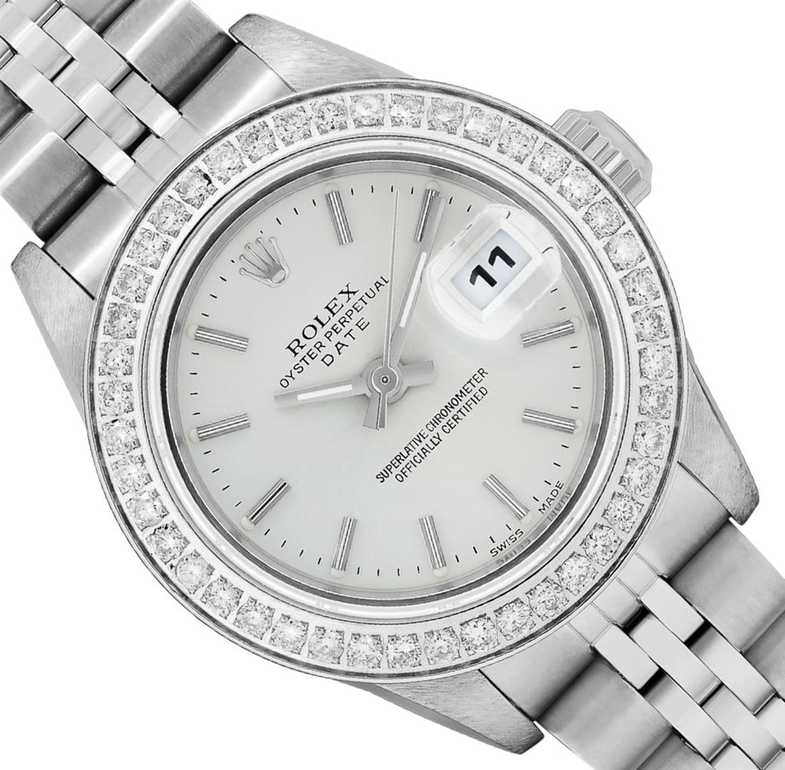 Rolex Ladies Quickset Sapphire Stainless Steel Silver Dial Diamond Bezel Date Wa: One Rolex Ladies Quickset Pre Owned Stainless Steel Date Wristwatch Polished Bright with Satin Finish, Serviced & Electronically Tested, Stainless Steel Case: 26mm, Stainless Steel Crown, Custom Bezel