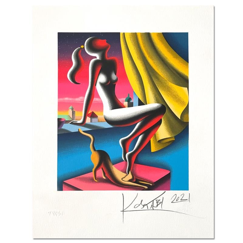 Breezy by Kostabi, Mark: "Breezy" is a limited edition serigraph on paper by Mark Kostabi. The piece is numbered and hand signed by the artist and comes with a Certificate of Authenticity. Measures approximately 14" x 19".