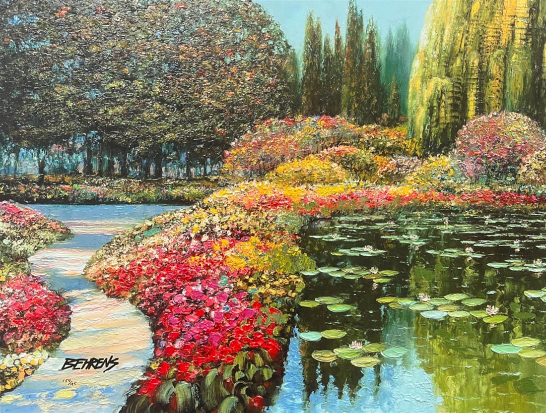 COLORS OF GIVERNY, THE (from THE "TRIBUTE TO MONET" COLLECTION) by Behrens, Howa: COLORS OF GIVERNY, THE (from THE "TRIBUTE TO MONET" COLLECTION) by Behrens, Howard. Limited Hand Signed Heavily Embellished Stretched. Dimensions: 24 x 32. Excellent Condition.