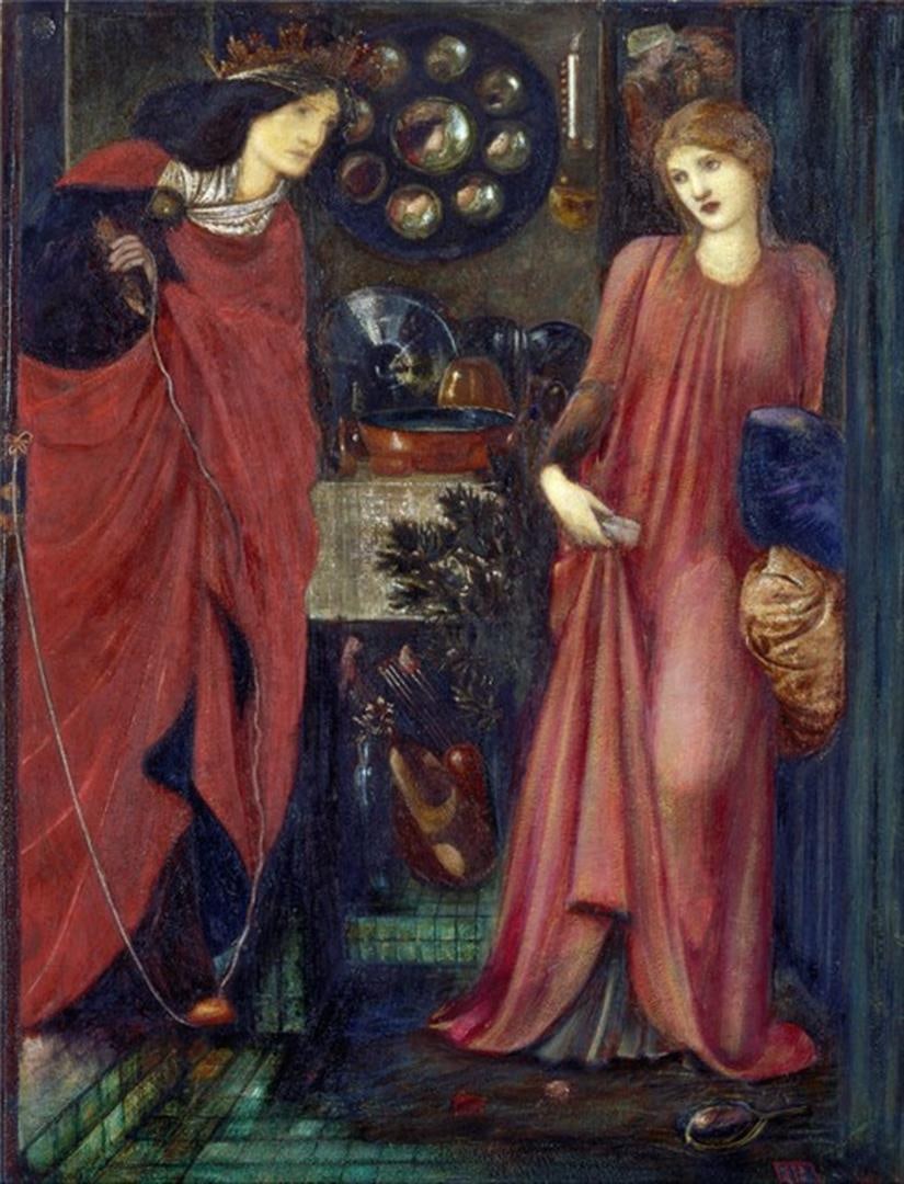 Edward Burne-Jones - Fair Rosamund and Queen Eleanor: Artist: Edward Burne-Jones - Title: Fair Rosamund and Queen Eleanor - Medium: Fine Art Reproduction Giclee on Canvas - Image Size: Approximately 32 inches x 24.5 inches - Unframed on Unstretched Canva