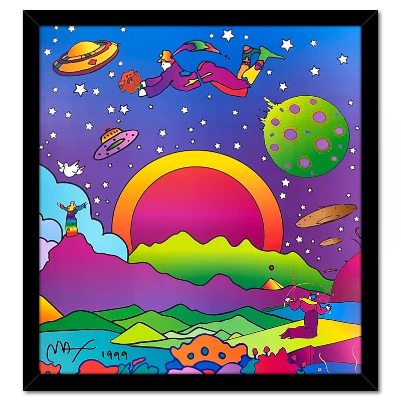 Heaven on Earth by Peter Max: Heaven on Earth is an offset lithograph on paper by Peter Max, hand signed by the artist. This piece comes custom framed. Includes Letter of Authenticity. Measures approx. 24 x 21.5 (frame), 20 x 17.5