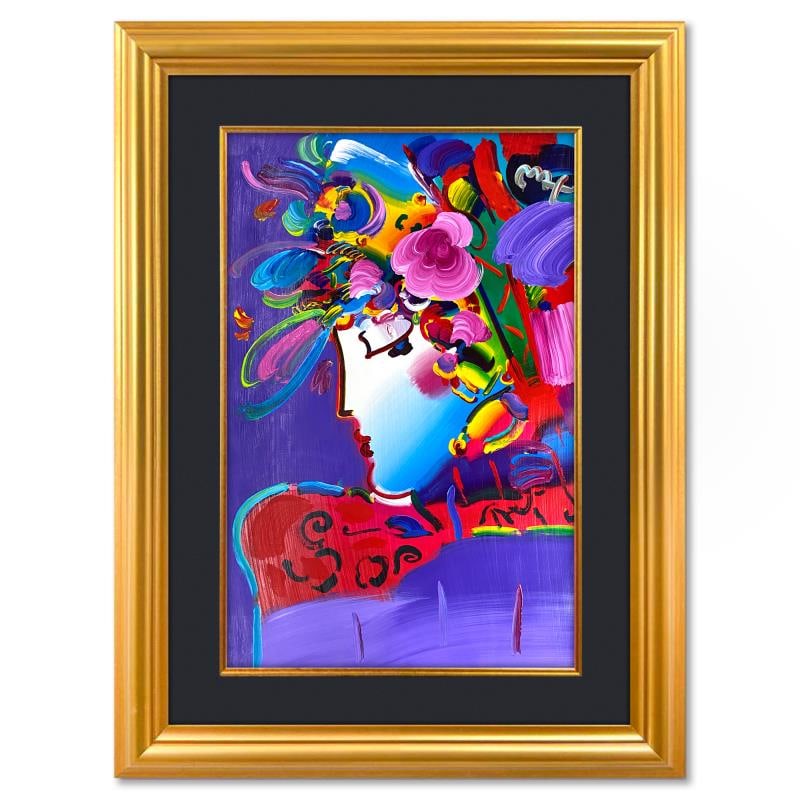 Blushing Beauty by Peter Max: "Blushing Beauty" is a one-of-a-kind mixed media on paper, hand signed by Peter Max. The piece comes custom framed with a backside cutout to display Peter Max Studio registration number 241117 certify