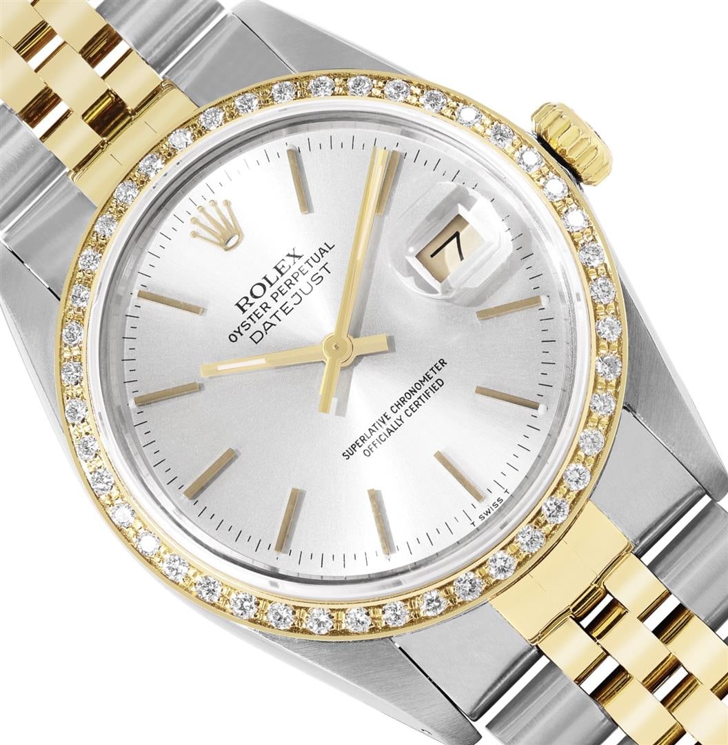 Rolex 36MM 2Tone Silver Dial 18K Yellow Gold Diamond Bezel Datejust With Rolex B: One Mens Pre Owned Yellow Gold Two Tone And Steel Rolex Datejust Polished, Serviced & Electronically Tested, Rolex Yellow Gold & Stainless Steel Case: 36mm, Rolex Yellow Gold Crown, Custom Bezel: New