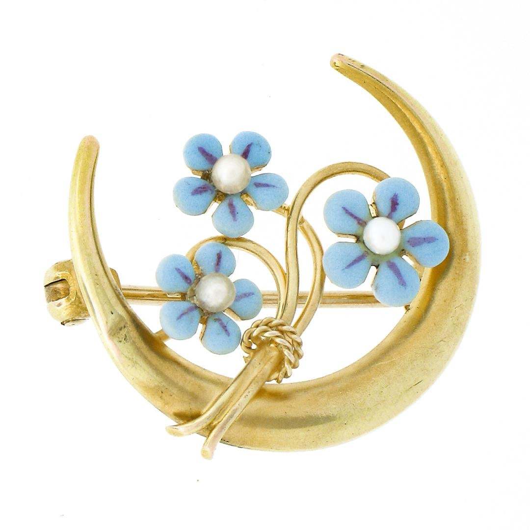 Antique Art Nouveau 14k Gold Crescent Moon Blue Enamel Seed Pearl Flowers Brooch: An antique solid 14k yellow gold brooch, with enamel work and 3 round bead shape cultured seed pearls (1.7mm to 1.8mm each ). Measures 17.70x19mm and weighs a total of 1.75 grams.