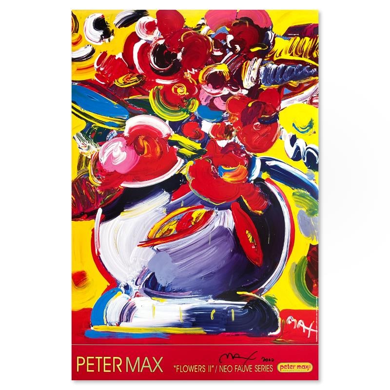 Flowers II by Peter Max: "Flowers II" is a poster on paper by Peter Max, hand signed by the artist. Includes Letter of Authenticity. Measures approx. 36" x 24" (image).