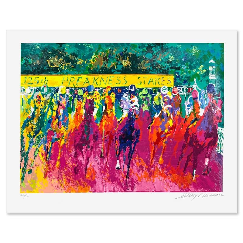 125th Preakness Stakes by LeRoy Neiman (1921-2012): "125th Preakness Stakes" is a limited edition serigraph on paper by LeRoy Neiman (1921-2012), numbered 299/300 and hand signed by the artist. Includes Letter of Authenticity. Measures approx. 38" x 30