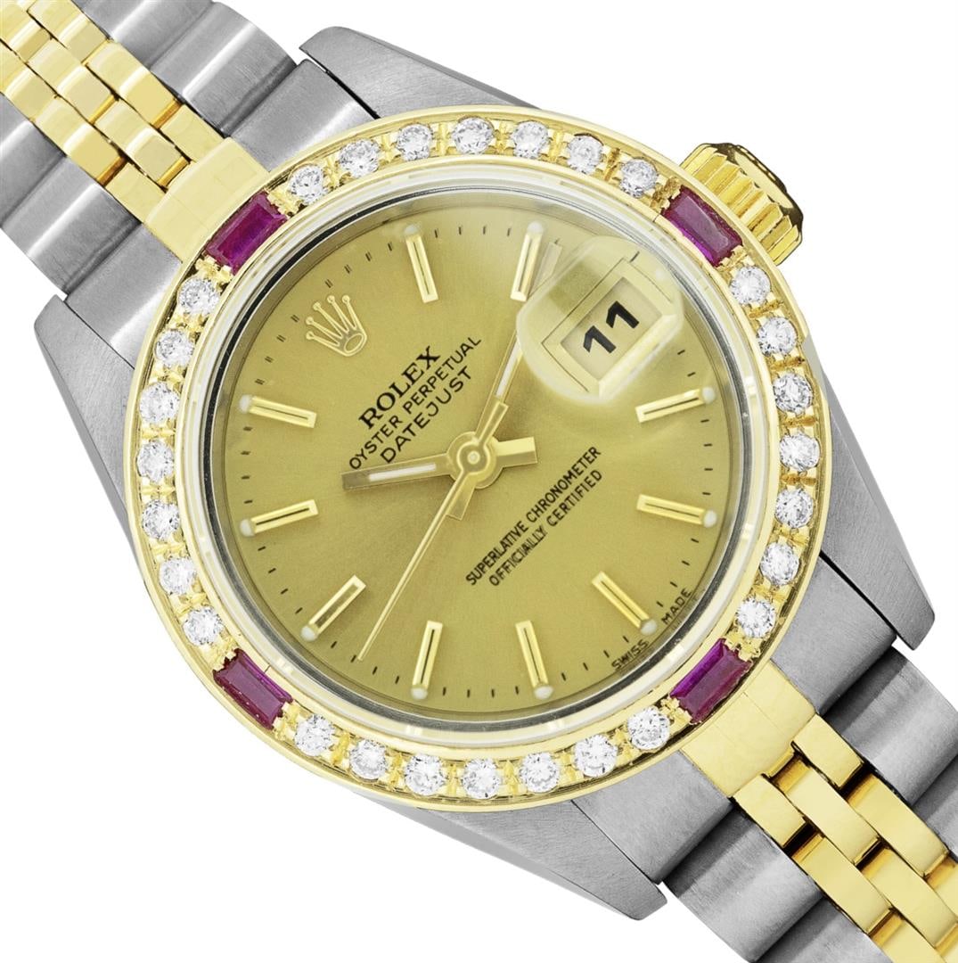 Rolex Quickset Ladies 2Tone 18K Gold Diamond Bezel Datejust Wristwatch With Role: One Rolex Ladies Pre Owned Two Tone 18K Yellow Gold & Stainless Steel Rolex Datejust Polished, Serviced & Electronically Tested, Rolex Yellow Gold & Stainless Steel Case: 26mm, Rolex Yellow Gold Crown