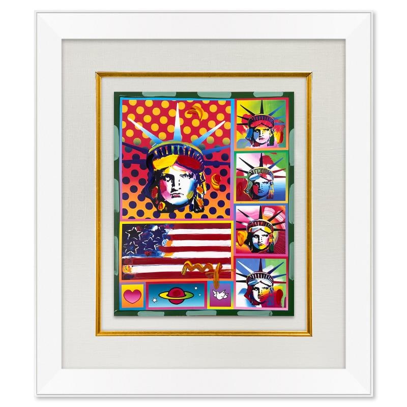 5 Liberty and Flag by Peter Max: "5 Liberty and Flag" is a one-of-a-kind acrylic mixed media on paper, hand signed by Peter Max. The piece comes custom framed with a backside cutout to display Peter Max Studio registration number 167