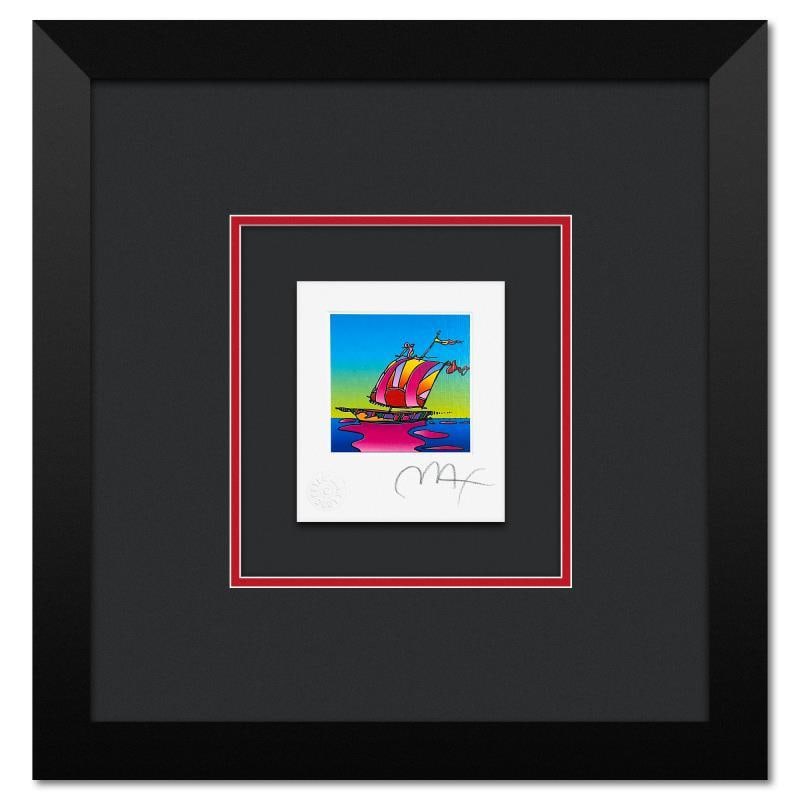 Cosmic Sailboat by Peter Max: "Cosmic Sailboat" is a limited edition lithograph on paper by Peter Max, numbered and hand signed by the artist. This piece comes framed. Includes Certificate of Authenticity from Peter Max Studios. M