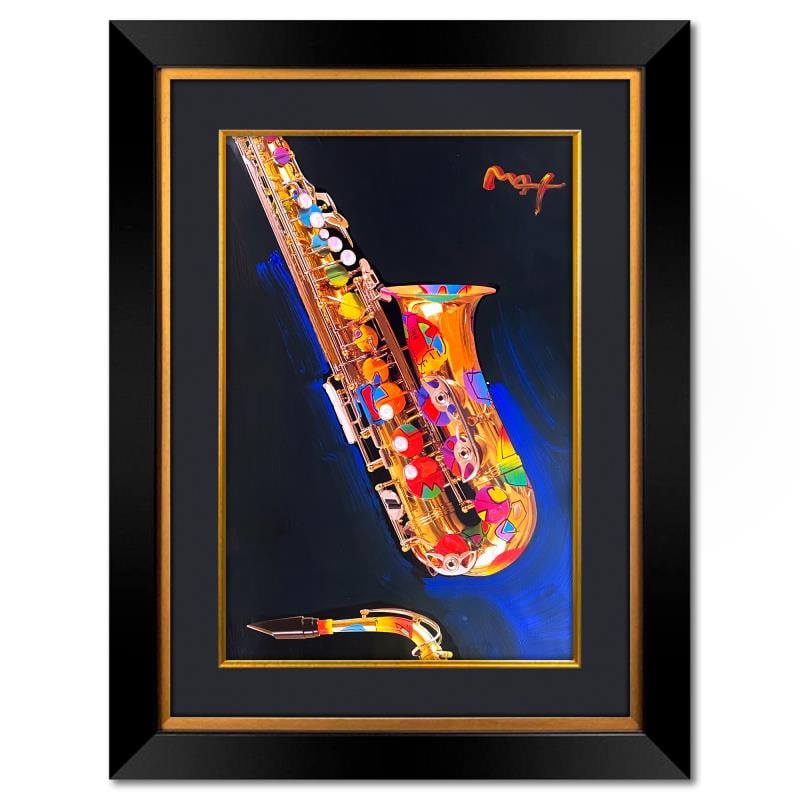 Jazz by Peter Max: "Jazz" is a one-of-a-kind mixed media on paper, hand signed by Peter Max. The piece comes custom framed with a backside cutout to display Peter Max Studio registration number 315303 certifying authent