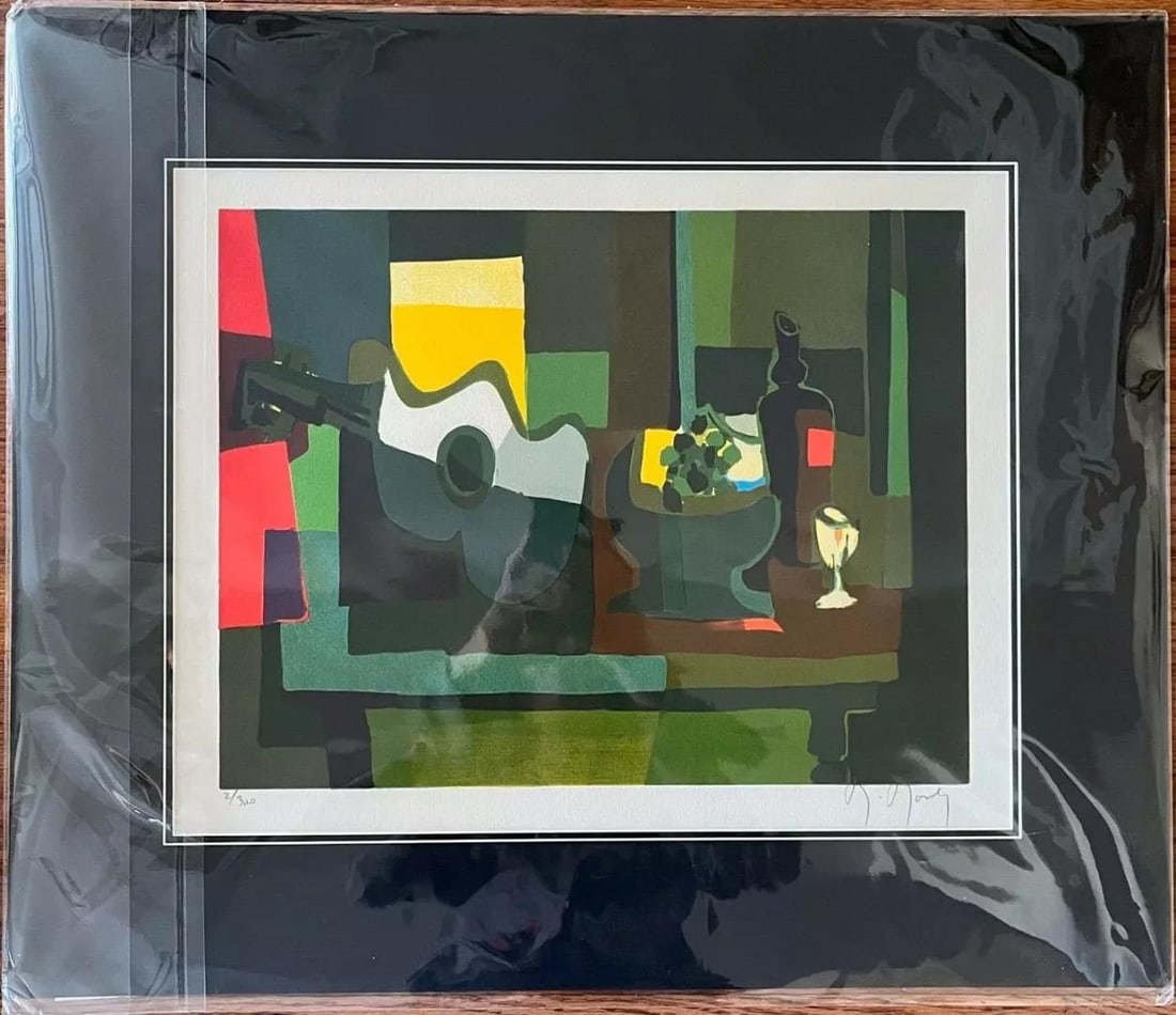 Marcel Mouly Guitare et Compotier: A hand signed and numbered lithograph on paper by Marcel Mouly, Image 12" x 16", edition of 300, matted with COA