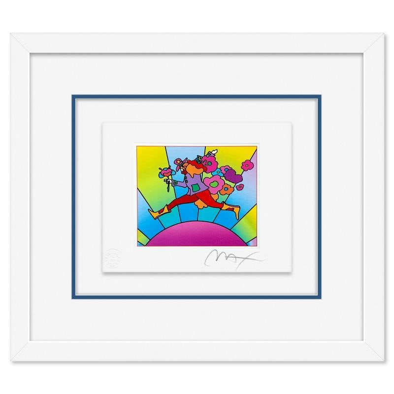 Flower Jumper Over Sunrise on Blends I by Peter Max: "Flower Jumper Over Sunrise on Blends I" is a limited edition lithograph on paper by Peter Max, numbered and hand signed by the artist. This piece comes framed. Includes Certificate of Authenticity fr