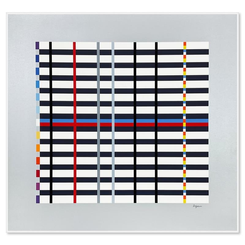 Hommage du Mondrian (Silver) by Agam, Yaacov: "Hommage du Mondrian (Silver)" is a limited edition serigraph on paper by Yaacov Agam, hand signed by the artist. Includes Letter of Authenticity. Measures approx. 26.5" x 28" (image).