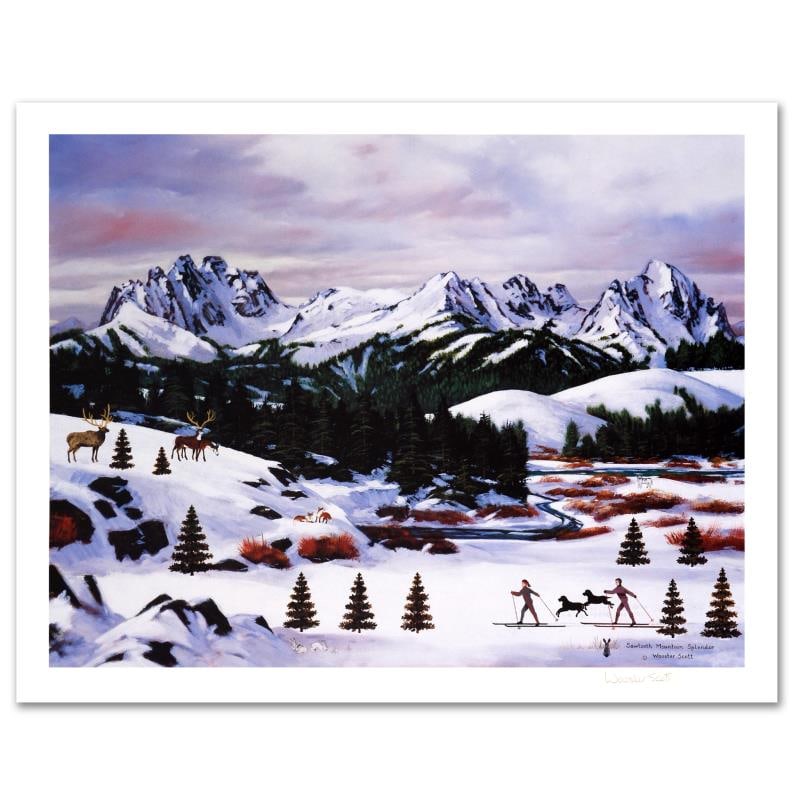 Sawtooth Mountain Splendor by Wooster Scott Jane: "Sawtooth Mountain Splendor" is a limited edition lithograph on paper by Jane Wooster Scott. The piece is hand signed and numbered and comes with a letter of authenticity. Measures approx. 27" x 21" (