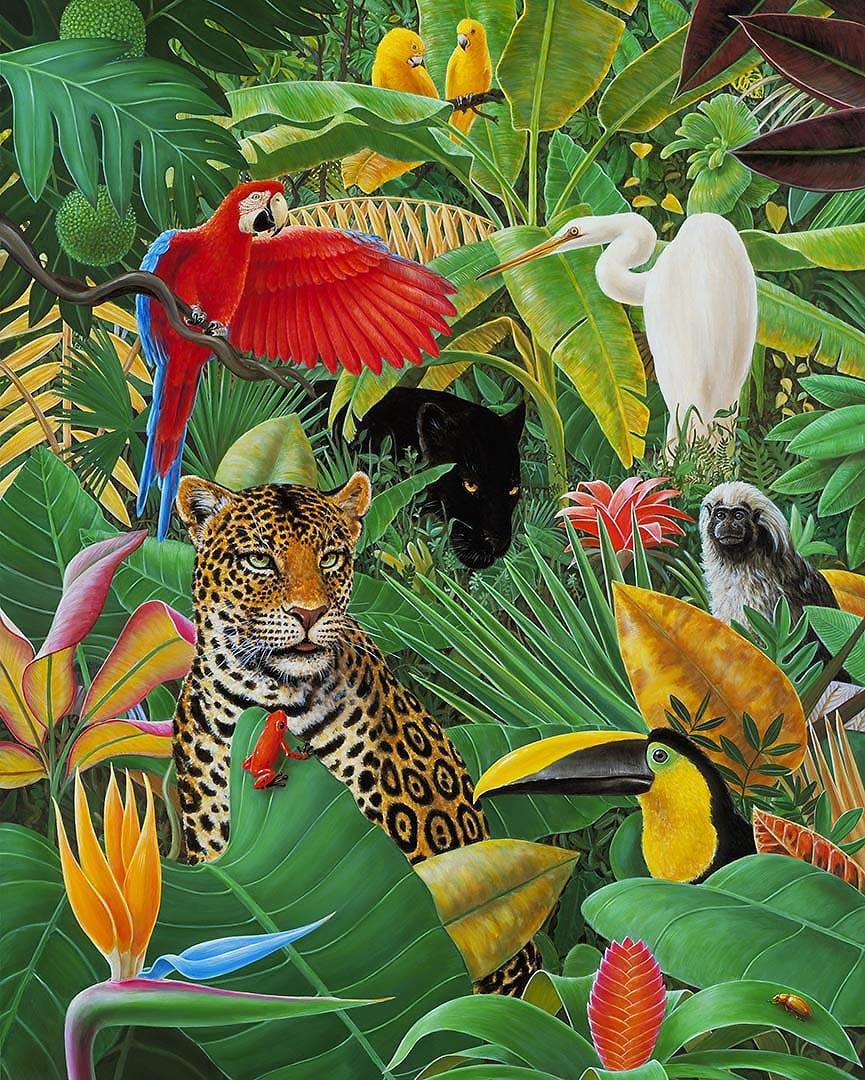 JUNGLE STORY by Charles Lynn Bragg: Lithograph and serigraph on paper, limited edition by Charles Lynn Bragg. Bright, bold and boisterous Animals of the Jungle come together to look into your eyes. 20 x 24