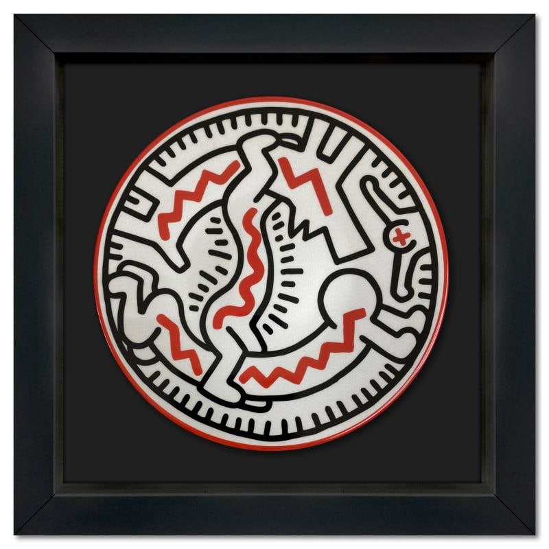 Man-Dog by Keith Haring (1958-1990): "Man-Dog" is a Limoges porcelain plate bearing the plate signature inverso of Keith Haring (1958-1990). This plate is custom framed and floated on linen. Measures approx. 13.5" x 13.5" (frame) 8.5" (p