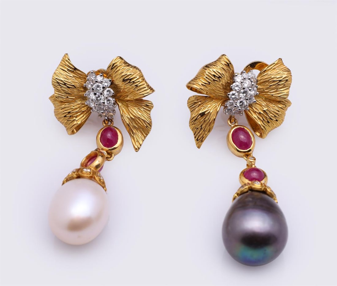 Pair 18K Yellow Gold, Ruby, Diamond & Pearl Earrings by Carlo Rici: Pair 18K Yellow Gold, Ruby, Diamond & South Sea Pearl Earrings by Carlo Rici containing four oval rubies weighing approximately 1.0 cts. Forty-eight diamonds weighing approximately 0.80 cts. Total wei